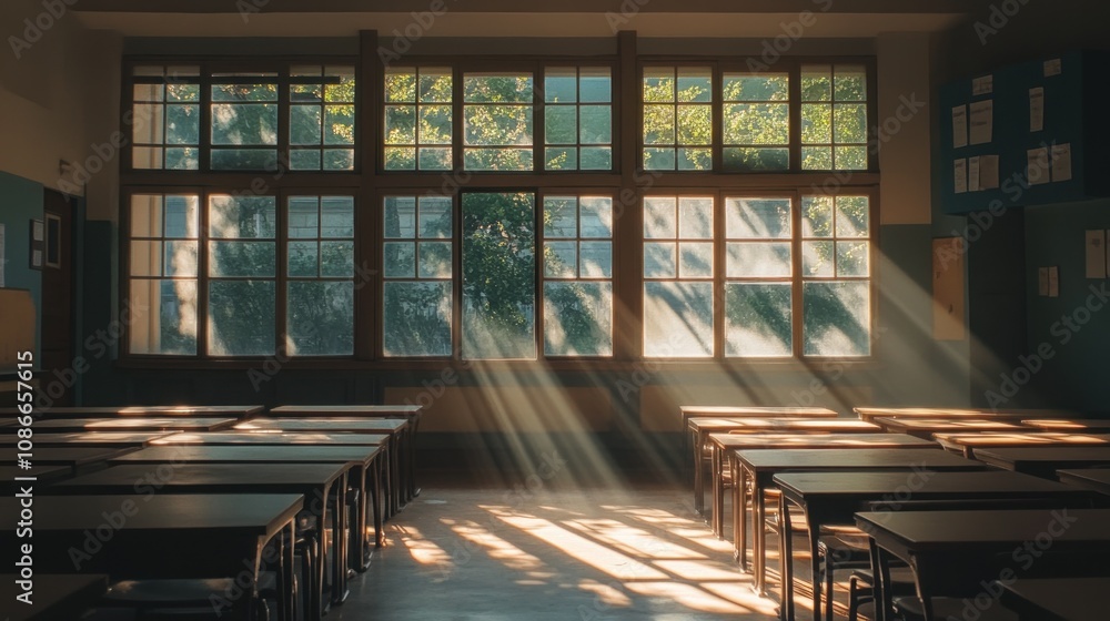 Poster a sunlit classroom with empty desks, showcasing a serene learning environment.