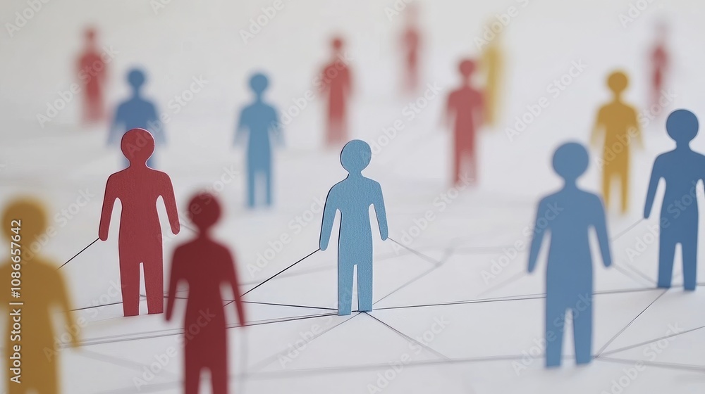 Poster abstract representation of digital social connections with colorful paper cutout figures highlightin