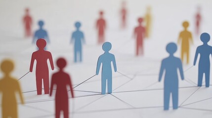 Abstract representation of digital social connections with colorful paper cutout figures highlighting networking and community engagement in a virtual environment