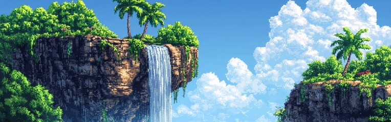 Fototapeta premium Jungle cliff with waterfall in pixel art style with lush greenery