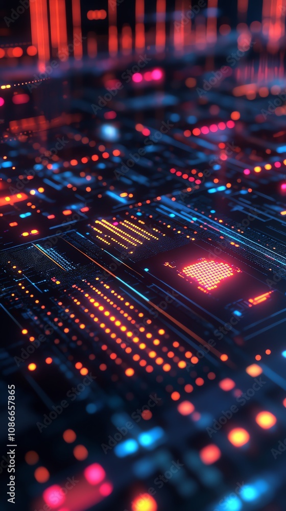 Poster Abstract digital circuit board with glowing lights and data streams.