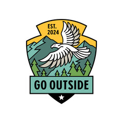 Go Outside Badge with Flying Bird and Mountain Illustration