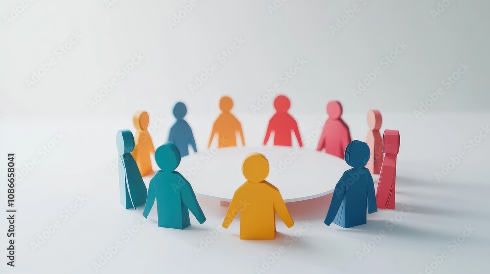 Poster colorful paper cutouts representing diverse individuals engaged in collaborative discussion around a