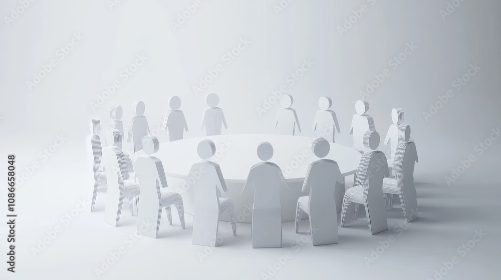 Poster paper figures in a circular setting representing collaboration, discussion, and teamwork in a modern