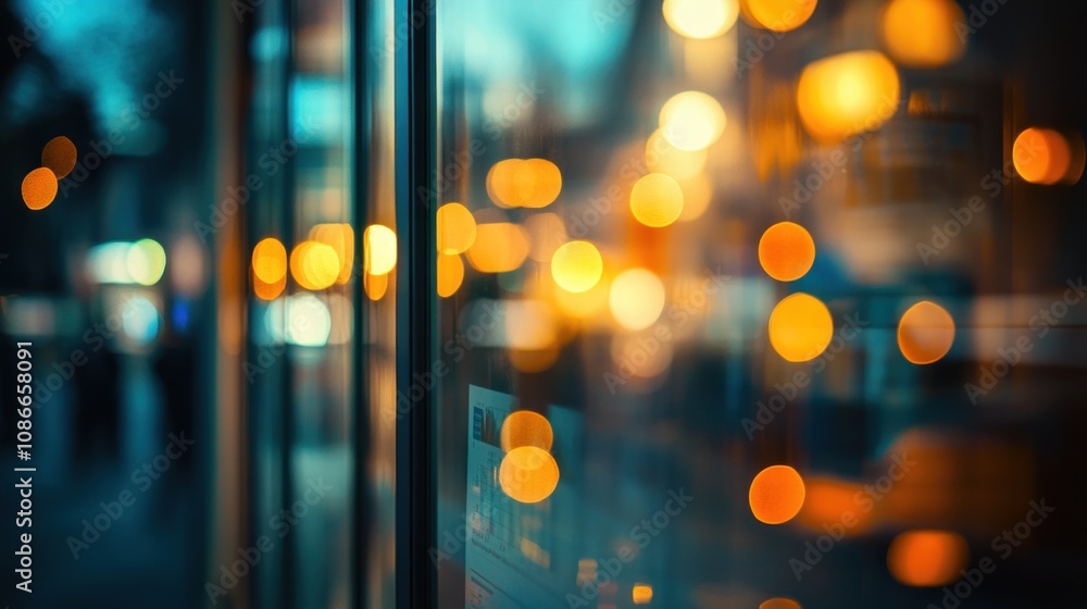 Poster blurred reflections with warm bokeh lights create an atmospheric urban scene.