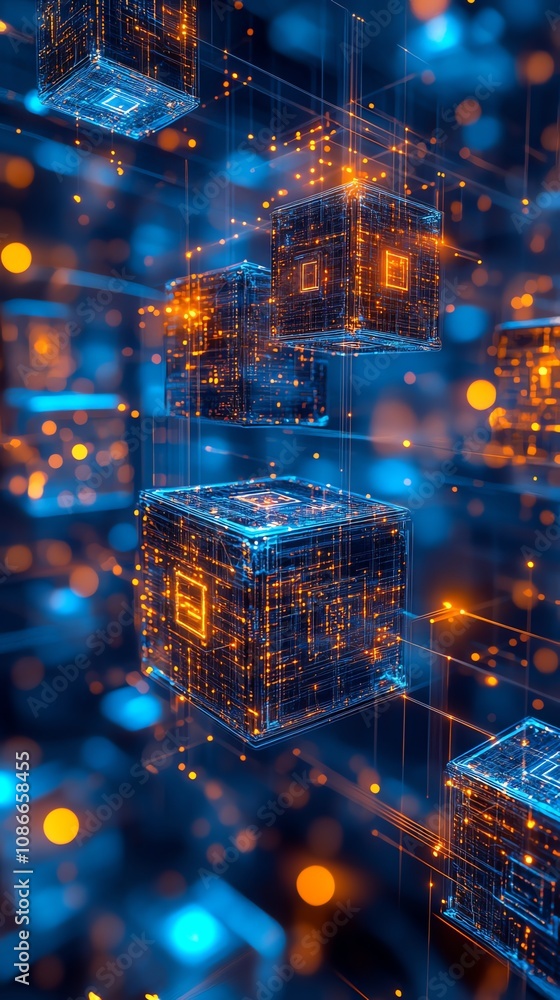 Poster abstract digital cubes glowing with orange and blue light, representing data flow and connectivity.
