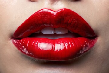 Fototapeta premium A woman's lips are painted red and she is smiling