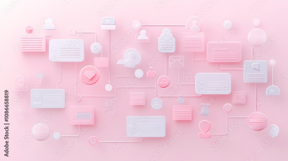 Poster abstract digital communication icons and elements on a soft pink background.