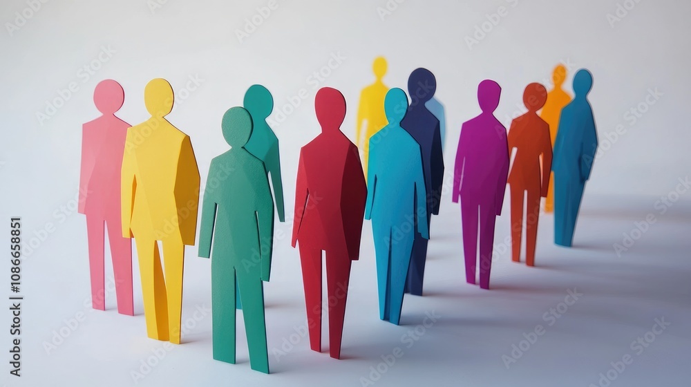 Poster colorful paper cut-out figures displaying diversity and inclusion in a conceptual teamwork or commun