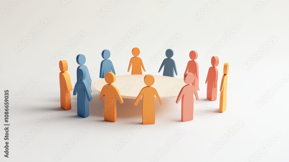 Poster colorful paper figures representing team collaboration and unity around a circular table in a minima