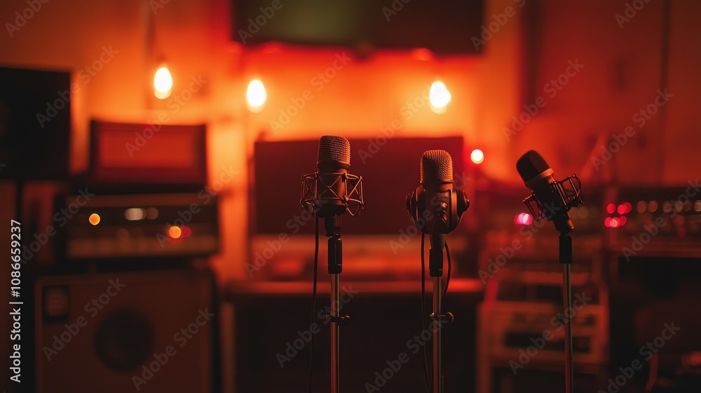Poster A dimly lit recording studio with microphones set up for a session.