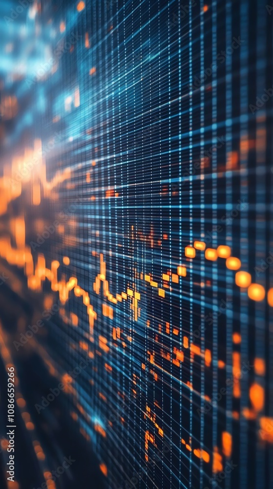 Aufkleber Abstract digital data grid with glowing orange and blue lines, representing financial market data or technological network.