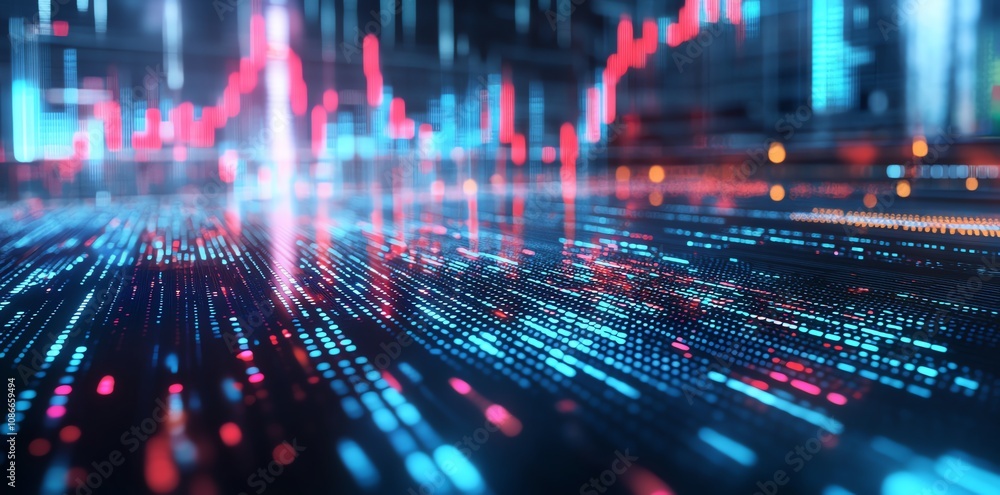 Aufkleber Abstract digital data stream with glowing lines and stock market graph in the background.