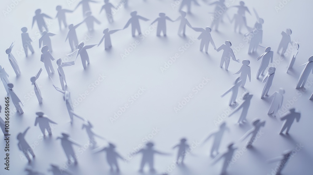 Poster paper cutout figures holding hands in a circular formation representing unity and community connecti
