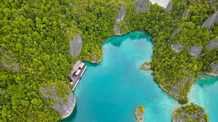 Aerial view of exotic island with turquoise water in Raja Ampat.