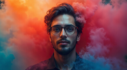 Stylish man in glasses is shrouded in clouds of bright smoke