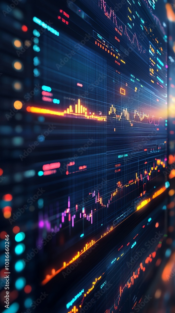 Fototapete Abstract digital data streams and graphs on a screen, showing dynamic financial or technological information.