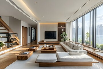 Luxury Living Room with Minimalist Design and Large Windows