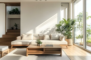 Luxury Living Room with Minimalist Design and Large Windows