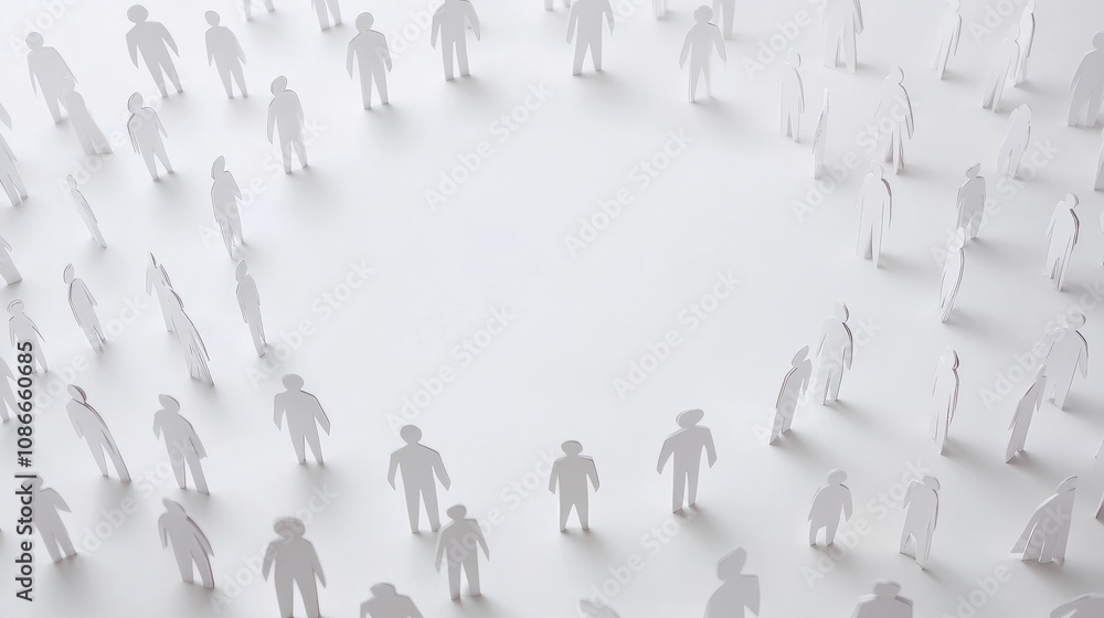 Poster paper cutouts of diverse human figures arranged in a circular pattern on a minimalist background for