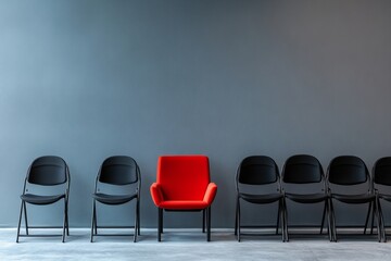 Obraz premium A modern waiting area featuring a striking red chair amid simple black ones. This image evokes a feeling of contrast and solitude. Perfect for design themes. Generative AI