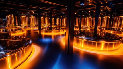 Sleek modern brewery interior featuring shiny metal brewing tanks and dynamic lighting, highlighting advanced beer production in an industrial setting.