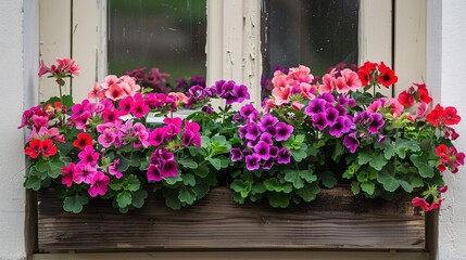 Colorful geraniums in a window box planter