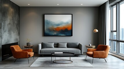 Modern living room interior with a gray sofa, two orange armchairs, a coffee table, and a large abstract painting on the wall.