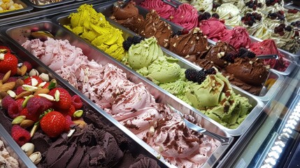 Fototapeta premium A variety of ice creams, each topped with fresh fruits and crunchy nuts. The mix of sweet, creamy textures with the vibrant toppings offers a delightful and refreshing treat.