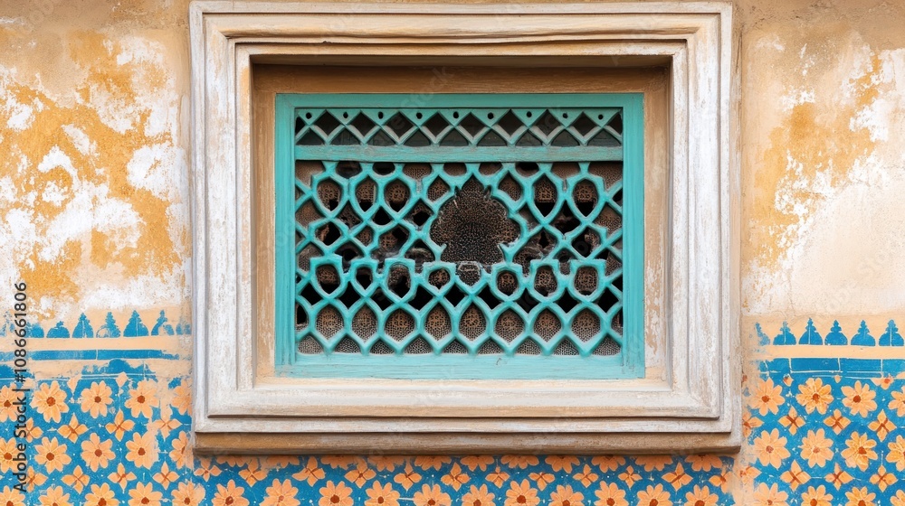 Poster A decorative window with intricate latticework set against a textured wall with floral patterns.