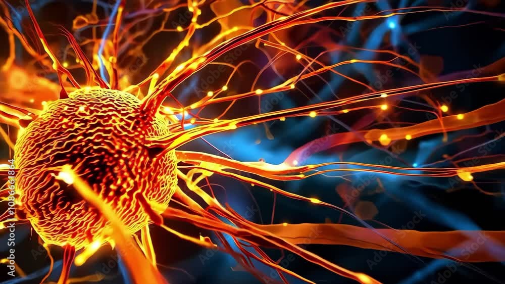Poster a vibrant, abstract representation of a neuron, showcasing its branching structure and connections w
