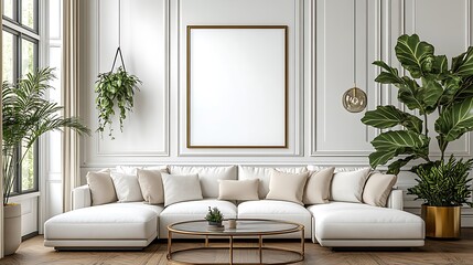 Modern living room with a large white sectional sofa, a coffee table, and two plants in pots.