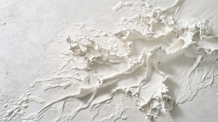 Spilled water creating intricate patterns on a textured white surface viewed from above, showcasing fluid movement and organic shapes.