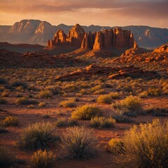 "A desert landscape with towering red rock formations at sunset."

