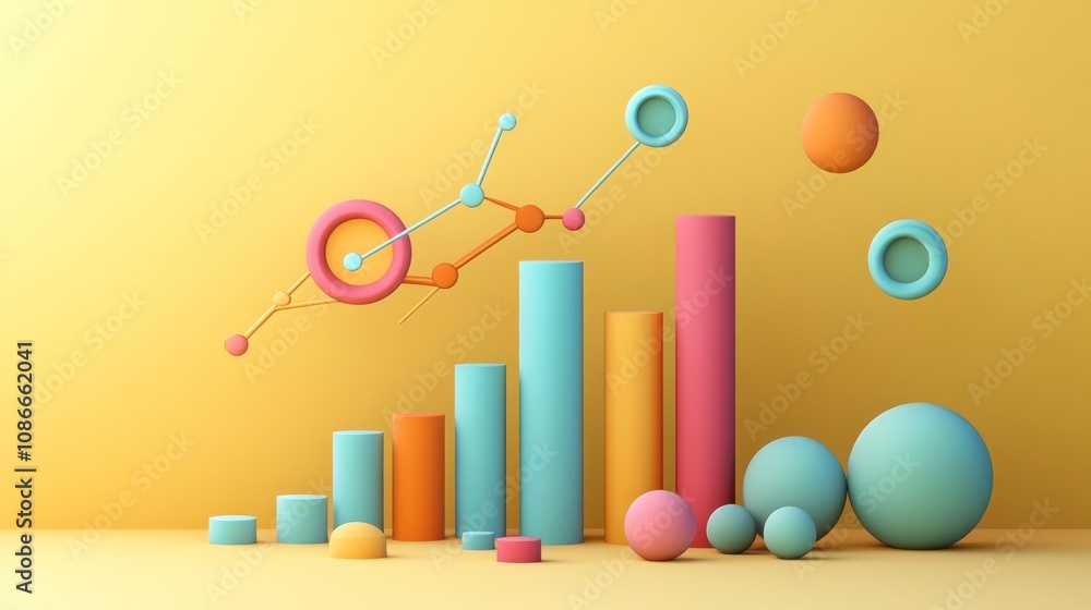 Poster Colorful 3D graphs and shapes representing data visualization and analysis.