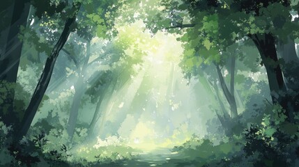 Obraz premium Sunlight Rays Pierce Verdant Forest Canopy Illuminating Tranquil Meadow Below with Lush Green Foliage and Shadows, Perfect for Nature and Relaxation Themes