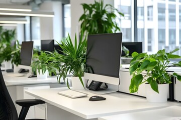 Fototapeta premium Contemporary Office with Clean White Desks and Vibrant Accents