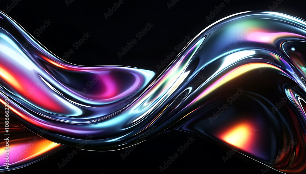 Poster 3d render of abstract futuristic background with chrome metal curves, holographic gradient texture, 