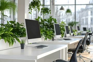 Fototapeta premium Contemporary Office with Clean White Desks and Vibrant Accents