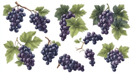 Illustration of an assorted collection of fresh black grapes on vines with green leaves, set against a clean white background.