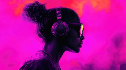 A vibrant profile of a young female DJ with headphones mixing tracks, set against a colorful pink and orange background, exuding energy and passion for music.
