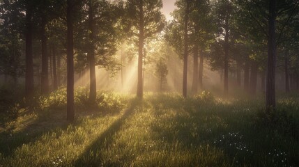 Obraz premium Sunlight streams through tall trees in a tranquil forest clearing at dawn, illuminating dew-covered grass and creating a peaceful, serene atmosphere.