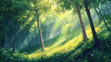 Obraz premium Gentle sunlight illuminates a lush forest hillside, casting warm rays through dense trees and highlighting a carpet of vibrant greenery and wildflowers.