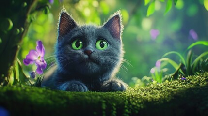 Gray stray cat with bright green eyes relaxing on a mossy surface surrounded by vibrant greenery and colorful flowers in a serene park setting