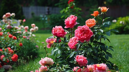 Peonies and roses in a summer garden