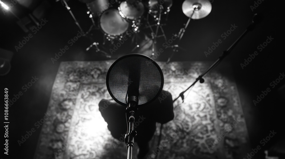 Poster a microphone in focus, with a drum set in the background, set for a musical performance.