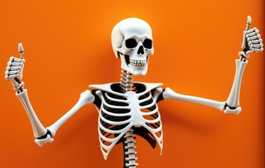 Fototapeta premium Joyful skeleton giving thumbs up against vibrant orange background
