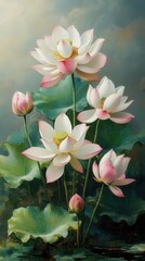 A serene depiction of beautiful lotus flowers blooming amidst lush green leaves, symbolizing purity and tranquility.