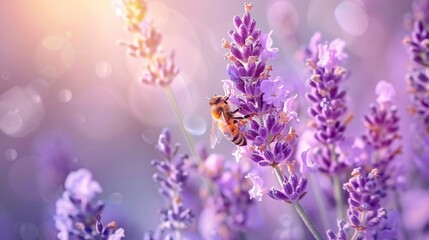 Naklejka premium Close-up of a bee on a blooming lavender