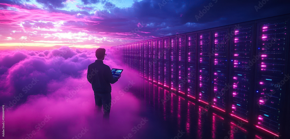 Poster technician managing cloud data transfer in high-speed network server room with ai